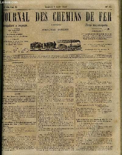 JOURNAL DES CHEMINS DE FER 3e ANNEE N 122 - Lois pour lescheminsde fer de Bordeaux, du Centre, du Nord, de Lyon, de Rennes, de Nantes, Ordonnance du prfet de police pour l'essai des machines a vapeur, Chemin de fer de Paris a Strasbourg, Etudes