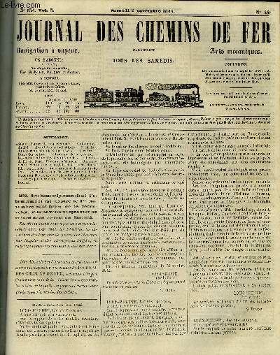 JOURNAL DES CHEMINS DE FER 3e ANNEE N 135 - Ordonnances du roi, Prfecture du dpartement de la Seine (Avis), Des adjudications des chemins de fer, Chemins de fer du Nord, d'Orlans a Vierzon, Des nouveaux chemins de fer anglais et des concessions