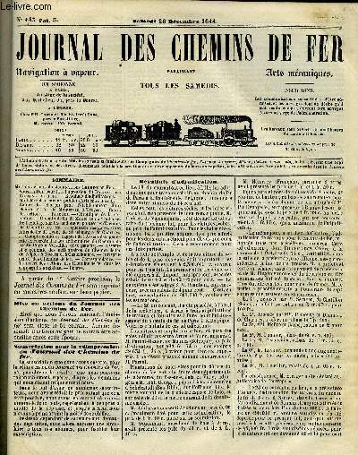 JOURNAL DES CHEMINS DE FER 3e ANNEE N 143 - Mise en actions du journal des chemins de fer, Souscription pour la rimpression du journal des chemins de fer, Cahier des charges pour l'tablissement d'un chemin de fer de Montereau a Troyes, Cours