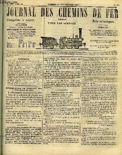 JOURNAL DES CHEMINS DE FER 4e ANNEE N 182 - Des compagnies nouvelles, Travaux du chemins de fer de Paris a Lyon, Chemins de fer de Paris a Genve, Chronique des chemins de fer allemands, Chemins de fer amricains, Chemin de fer portuguais