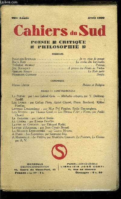 LES CAHIERS DU SUD N 215 - Je ne cesse de penser par Stephen Spender, La vache des barricades par Raja Rao, Pomes par Thrse Aubray, A propos des fleurs de Tarbes par Joe Bousquet, La nuit parle par Armand Robin, Borgia par Hermann Closson, Raison