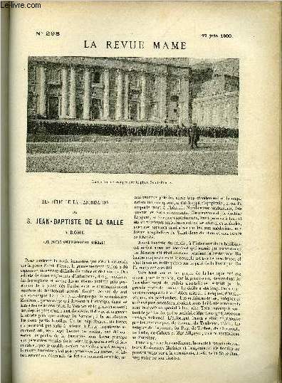 LA REVUE MAME N 298 - Les ftes de la canonisation de S. Jean-Baptiste de la Salle a Rome par P.L., La misre en habit noir a Paris par Henri d'Almeras, Les pays de l'or et du diamant par Paul Bory, Un crime par Etienne Roze, La premire messe