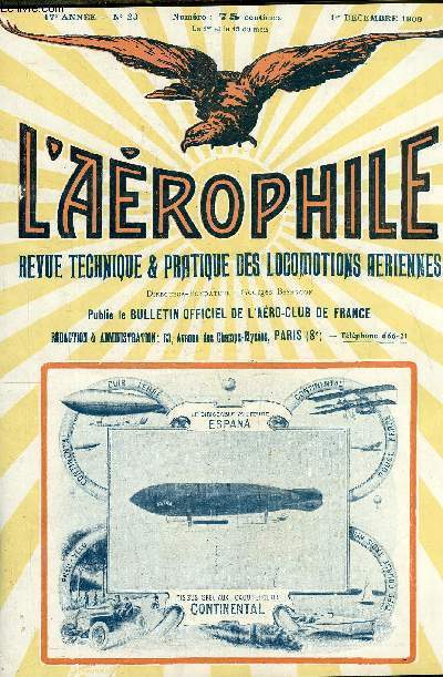 L'AEROPHILE N 23 - Aronautes contemporains : Jules Fourcade par Lon Barthou, Expriences d'aroplanes, Voyages a travers pays de Paulhan et de Latham, Aroplanes divers, La passade du faucon par le commandant Thouveny, Observations sur le vol