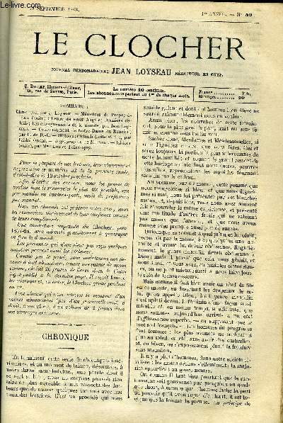 LE CLOCHER N 50 - Mmoires de Propre a Rien (suite), Les enseignements de la morale par Jean Loyseau, Couronnement de Notre Dame du Roncier par F. de R.C., Histoire, l'Irlande (suite et fin) par L'abb Orsini, La gographie de M. Pinet, Isidora (suite)