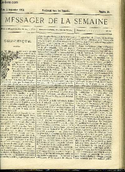 LE MESSAGER DE LA SEMAINE N 40 - Etudes sur l'histoire des papes VIII. par le vicomte de Melun, La Chine au rebours de l'Europe par X. Tessier, Un incendie dans les savanes, Varits par A. de Grand Boulogne