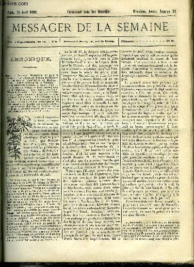 LE MESSAGER DE LA SEMAINE N 22 - La glorieuse II. par Znade Fleuriot, Les saltimbanques historiques (suite) par Victor Fournel, La France pittoresque par E. de Toytot