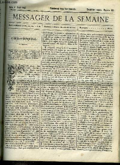 LE MESSAGER DE LA SEMAINE N 18 - Un secret avec Dieu par Raol de Navery, De l'avarice par Roux-Ferrand, Confrences de Notre Dame par J. Flix, Bulletin agricole et commercial