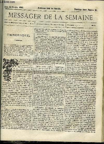 LE MESSAGER DE LA SEMAINE N 46 - Les curiosits de Rome par Henri Nadault de Buffon, Les vitraux du sanctuaire (suite) par J.M. de Gaulle, Agriculture - typhus contagieux des btes bovines par le baron de Montreuil