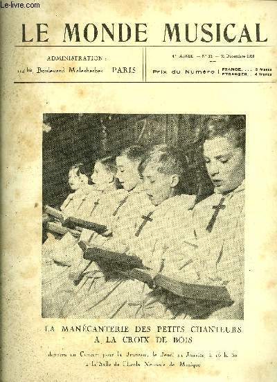 LE MONDE MUSICAL N 12 - La roue de la fortune va tourner pour nos abonns, 1937 sera-t-elle l'anne de la lumire ?, La Mancanterie des petits chanteurs a la croix de bois par A. Mangeot, La musique instrumentale classique par Tristan Klingsor, Critique