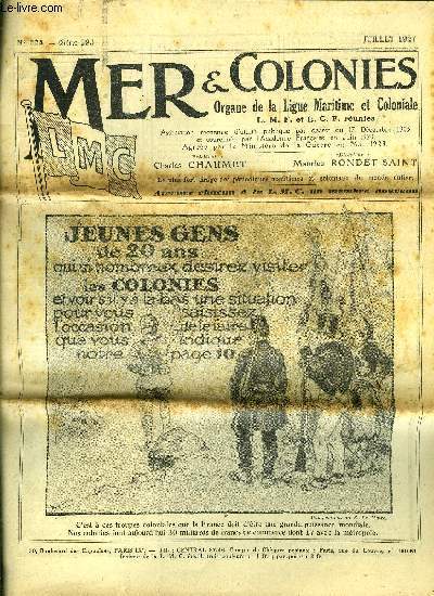 Mer & Colonies n 224 - L'esprit colonial doit, chez nous, devenir gnral, Les nouveaux cuirasss anglais, La navigation sur le Rhin, Binot Paulmier de Gonneville, Le problme de la circulation fluviale, l'hydroglisseur : automobile des rivires