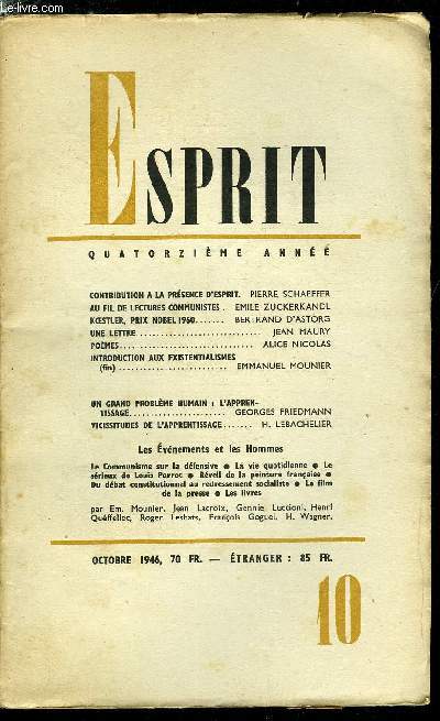 Esprit n 126 - Contribution a la prsence d'esprit par Pierre Schaeffer, Au fil de lectures communistes par Emile Zuckerkandl, Koestler, prix nobel 1960 par Bertrand d'Astorg, Une lettre par Jean Maury, Pomes par Alice Nicolas, Introduction