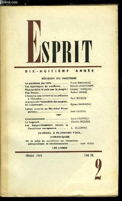 Esprit n 153 - Rvision du pacifisme, Le pacifisme des forts par Frank Emmanuel, Les quivoques du pacifisme par Emmanuel Mounier, Peut-on faire la paix par la magie ? par Jacques Franois, Pax Tecum par Robert Morel, L'homme non violent et sa prsence