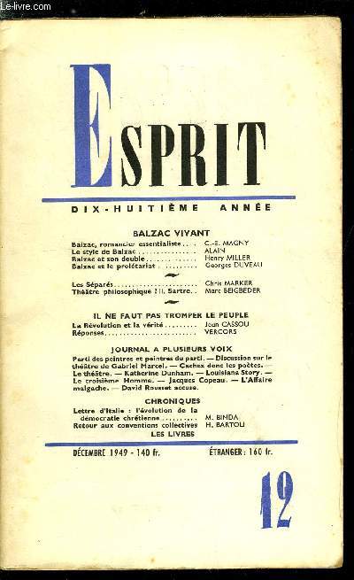 Esprit n 162 - Balzac vivant - Balzac, romancier essentialiste par C.E. Magny, Le style de Balzac par Alain, Balzac et son double par Henry Miller, Balzac et le proltariat par Georges Duveau, Les spars par Chris Marker, Thatre philosophique ?