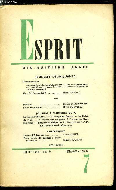 Esprit n 169 - Jeunesse dliquante - Rapports de police et d'observation, Les dliquants peints par eux mmes, Leurs familles, Lettres et pomesn Le pote assassin ?, Que fait la socit ? par Henri Michard, Pomes par Simone Jacquemard, Note alsacienne