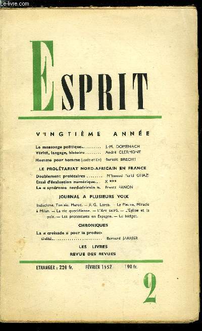 Esprit n 187 - Le mensonge politique par J.M. Domenach, Vrit, langage, histoire par Andr Clermont, Homme pour homme (suite et fin) par Bertolt Brecht, Le proltariat nord-africain en France, Doublement proltaires par M'hamed Ferid Ghazi, Essai