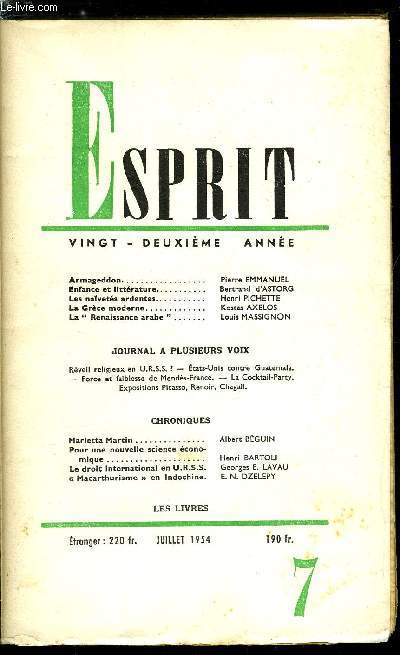 Esprit n 216 - Armageddon par Pierre Emmanuel, Enfance et littrature par Bertrand d'Astorg, Les navets ardentes par Henri Pichette, La Grce moderne par Kostas Axelos, La Renaissance arabe par Louis Massignon, Marietta Martin par Albert Bguin