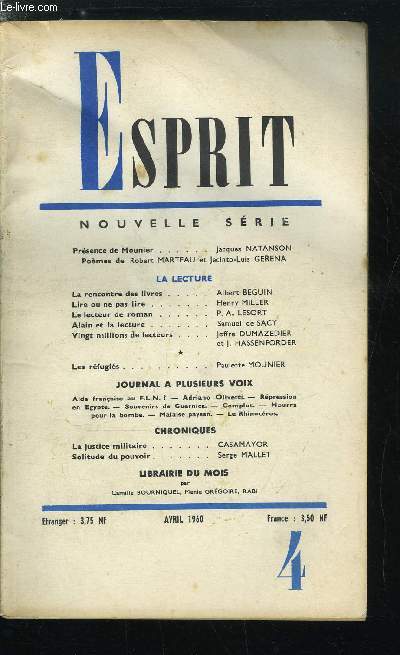 Esprit n 283 - Prsence de Mounier par Jacques Natanson, La rencontre des livres par Albert Beguin, Lire ou ne pas lire par Henry Miller, Le lecteur de roman par P.A. Lesort, Alain et la lecture par Samuel de Sacy, Vingt millions de lecteurs par Joffre