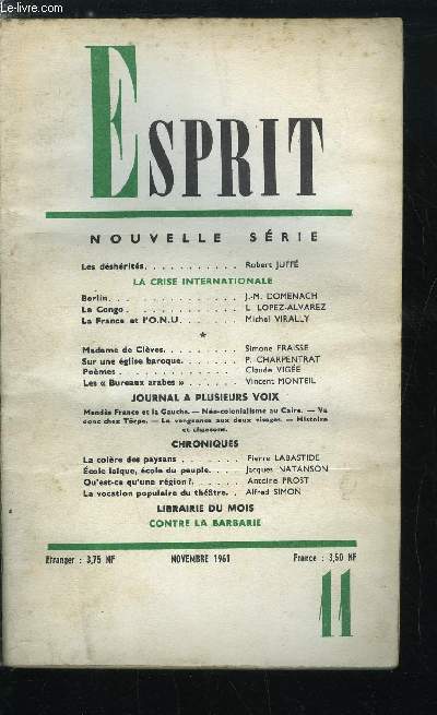 Esprit n 300 - Les dshrits par Robert Juff, La crise internationale - Berlin par J.M. Domenach, Le Congo par L. Lopez-Alvarez, La France et l'O.N.U. par Michel Virally, Madame de Clves par Simone Fraisse, Sur une glise baroque par P. Charpentrat