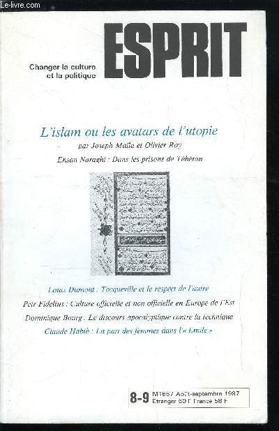 Esprit n 129-130 - Tocqueville et le respect de l'autre par Louis Dumont, La part des femmes dans l'Emile par Claude Habib, Culture et technique, la fin de la culture ? par Dominique Bourg, La culture officielle et non officielle par Petr Fidelius, Islam