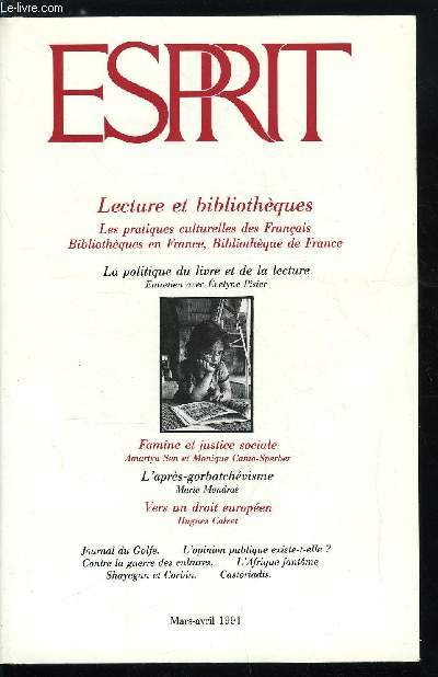 Esprit n 170 - La guerre des cultures, Face a la famine : quelles responsabilit ?, La libert individuelle : une responsabilit sociale par Amartya Sen, Choix de vie et libert, sur l'oeuvre d'Amartya Sen par Monique Canto-Sperber, L'aprs
