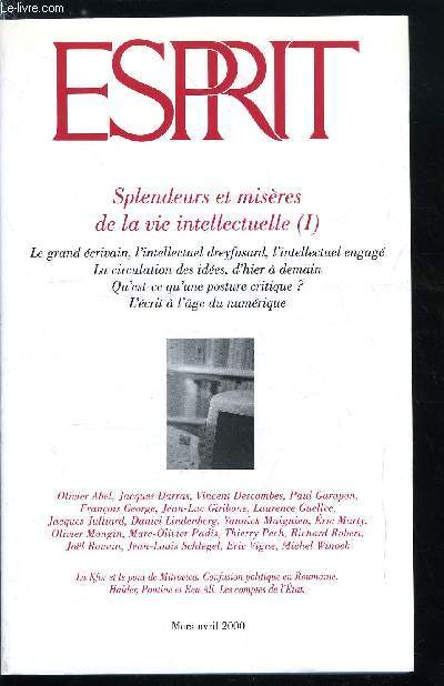 Esprit n 262 - Les principes ou l'envers du ralisme, Haider; Poutine et Ben Ali, Splendeurs et misres de la vie intellectuelle - Fin de partie ? par Olivier Mongin, Gnalogies de l'intellectuel franais, Une histoire discontinue, une varit de figure