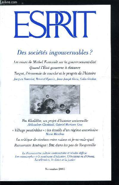 Esprit n 319 - Entre culture contestataire et rvolte diffuse, Rassurante Amrique, Tocqueville revu par Bernard Henri Lvy, par David A. Westbrrok, Village poutinkine ou les cueils d'un rgime autoritaire par Marie Mendras, L'Ukraine reste-t-elle