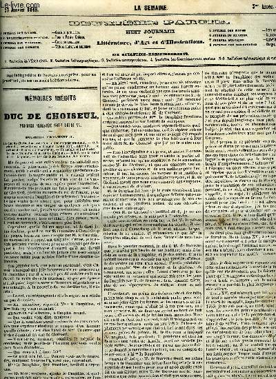 La semaine 3e anne n 12 - Mmoires indits du duc de Choiseul, premier ministre sous Louis XV, Les mariages de conscience par P.A.D., Exposition de tableaux par Paul de Saint Victor, Voyage dans l'Afrique australe par M. Adolphe Delegorgue, Les mourants