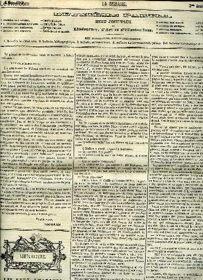La semaine 3e anne n 18 - Les deux amazones par M. Mry, Le camlia blanc par Gabriel de Kersan, Mmoires indits du duc de Choiseul, premier ministre sous Louis XV, La satire Mnipe et Boileau par Edouard Fournier, Singularits d'artistes