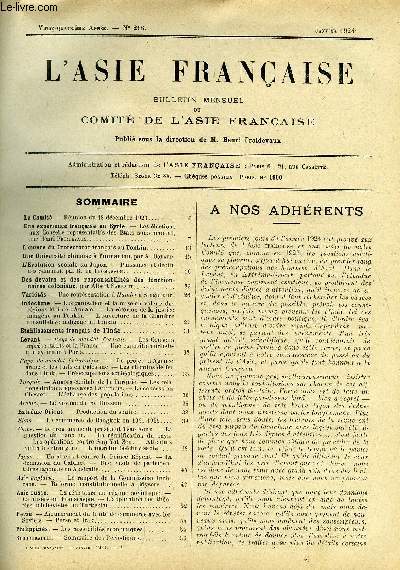 L'Asie Franaise n 218 - Une exprience franaise en Syrie - Les lections aux conseils reprsentatifs des Etats sous mandat par Henri Froidevaux, L'oeuvre du protectorat franais au Tonkin, Une universit chinoise a Yunnanfou par A. Bordard, L'volution