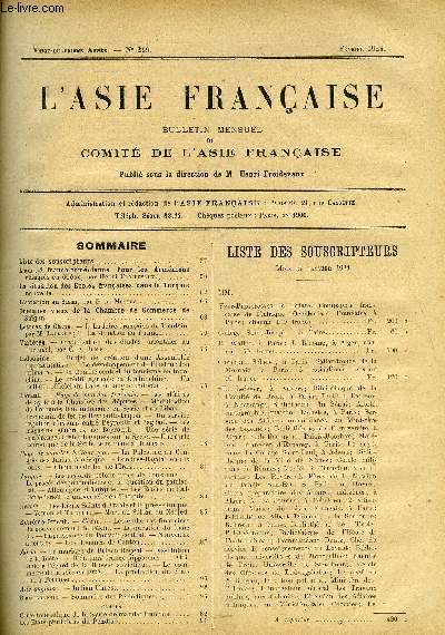 L'Asie Franaise n 219 - L'amiti franco-armnienne, pour les armniens rfugis en Grce par Henri Froidevaux, La situation des Ecoles franaises dans la Turquie nouvelle, L'aviation au Siam par G. de Messey, Quelques voeux de la chambre de Commerce