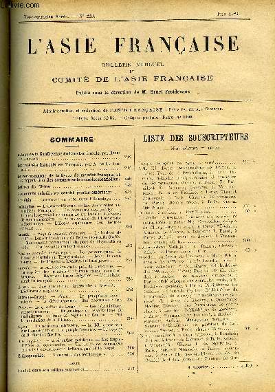 L'Asie Franaise n 223 - Autour de la confrence de Constantinople par Henri Froidevaux, Les intrts franais en Turquie par A. de la Jonquire, Le recensement de la Syrie de mandat franais et la rpartition des communauts confessionnelles, Lettres