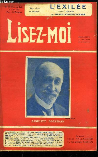 Lisez-moi - nouvelle srie - n 191 - Orlinda, coeur coeur (III) par Jane Catulle Mends, L'oeuvre d'un pote : Auguste Dorchain par Charles Clerc, L'image par Frdric Boutet, Marion des neiges (XLI) par Jean Martet, Les deux myopes par Jacques