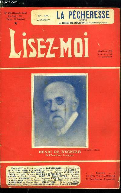 Lisez-moi - nouvelle srie - n 216 - La pcheresse par Henri de Rgnier, La blague par Marcel Prvost, La cerise aux lvres par Jean Rameau, Dolors (XX) par Jean Martet, L'alliance par Lucien Descaves, La perle vraie par Paul Reboux, Anatole (VI)