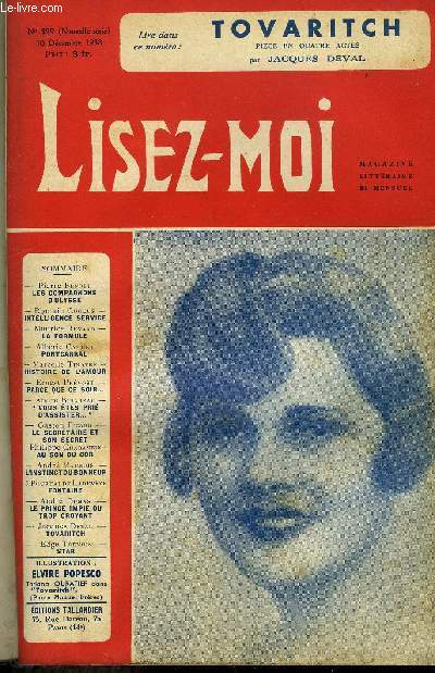 Lisez-moi - nouvelle srie - n 399 - Les compagnons d'Ulysse (suite) chapitre VI par Pierre Benoit, Intelligence service par Romain Coolus, La formule par Maurice Renard, Pontcarral (suite et fin) chapitre II par Albric Cahuet, Histoire de l'amour