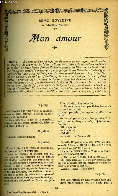 Lisez moi - nouvelle srie - n 34 - Mon amour par Ren Boylesve, Tunis la blanche par Myriam Harry, Les lettres voles par Lucien Descaves, La chausse des gants (II) par Pierre Benoit, Les refuss par Michel Provins, Les Don Juanes (II) par Marcel