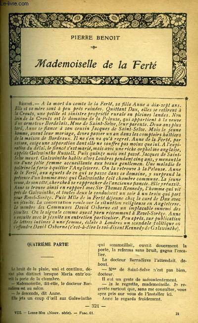 Lisez moi - nouvelle srie - n 61 - Mademoiselle de la fert, quatrime partie par Pierre Benoit, La barbe par Miguel Zamacos, La rparation par Edmond Se, Un drame dans le monde (VII) par Paul Bourget, Les feuilles par Gaston Chrau, La flambe (IX)