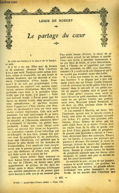 Lisez moi - nouvelle srie - n 175 - Le partage du coeur par Louis de Robert, Madame Saule sous la Lune par Myriam Harry, Minouchon par Henri Duvernois, Nuits de princes par J. Kessel, Line par Sverine, Le legs par Pierre Valdagne, Chez les Graffougnat
