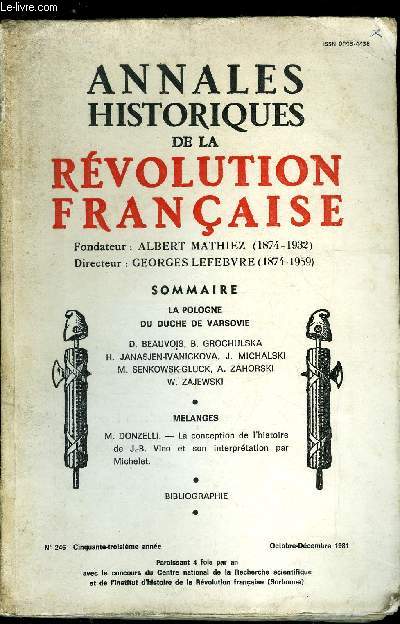 Annales historiques de la Rvolution Franaise n 246 - La Pologne du Duche de Varsovie par D. Beauvois, B. Grochulska, H. Janasjen-Ivanickova, J. Michalski, M. Senkowks-Gluck, A. Zahorski et W. Zajewski, La conception de l'histoire de J.B.. Vico