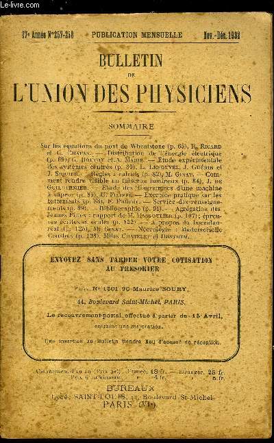 Bulletin de l'union des physiciens n 257-258 - Sur les quations du pont de Wheatstone par R. Ricard et G. Chapas, Distribution de l'nergie lectrique par G. Boutry et A. Marie, Etude exprimentale des systmes centrs par L. Lenouvel, J. Gurin