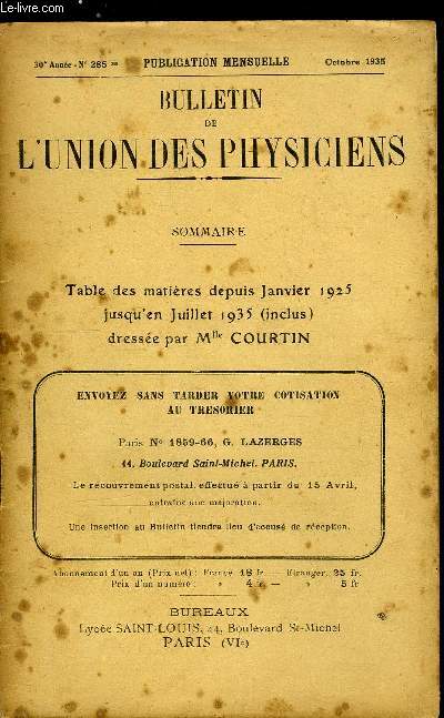 Bulletin de l'union des physiciens n° 285 bis - Table des matières depuis Janvier 1925 jusqu'en Juillet 1935 (inclus) dressée par Mlle Courtin