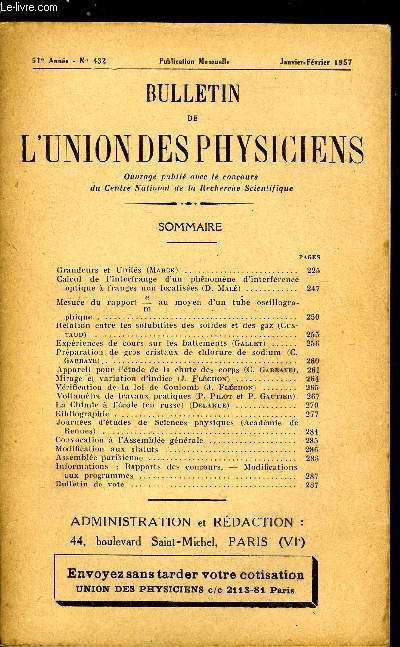 Bulletin de l'union des physiciens n 432 - Grandeurs et units par Marck, Calcul de l'interfrange d'un phnomne d'interfrences optique a franges non localises par D. Mal, Mesure du rapport e/m au moyen d'un tube oscillographique, Relation