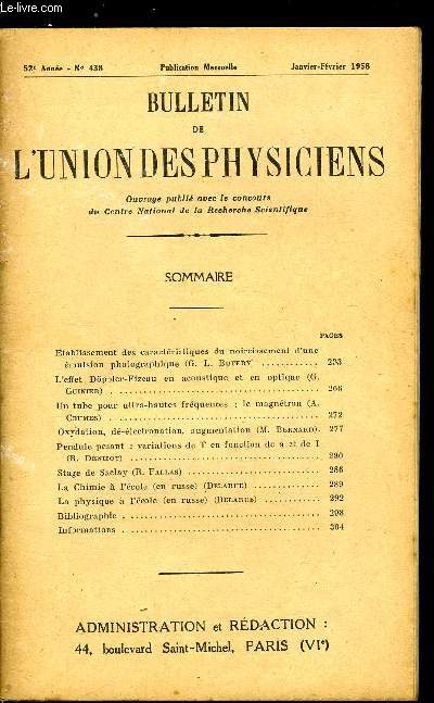 Bulletin de l'union des physiciens n 438 - Etablissement des caractristiques du noircissement d'une mulsion photographique par G.L. Butery, L'effet Dppler-Fizeau en acoustique et en optique par G. Guinier, Un tube pour ultra-hautes frquences