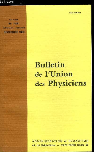 Bulletin de l'union des physiciens n 729 - La quantification de Wannier dans les superrseaux semiconducteurs : quand le champ lectrique empche les lectrons de bouger par P. Voisin, Point isolectrique de l'acide animo2-thanoque (glycine)