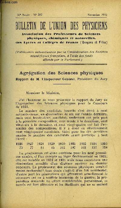 Bulletin de l'union des physiciens n 287 - Agrgation des Sciences physiques par J. Lamirand, Epreuves crites, Epreuves orales et pratiques, Extrait du rapport sur le concours d'admission a l'Ecole navale, La thorie de l'exprience de Foucault