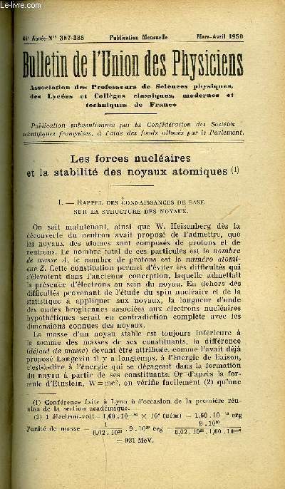 Bulletin de l'union des physiciens n 387-388 - Les forces nuclaires et la stabilit des noyaux atomiques par A. Moussa, Deux nouveaux appareils pour l'enseignement scientifique par Maurice Guitton, A propos d'lectromagntisme et terminologie