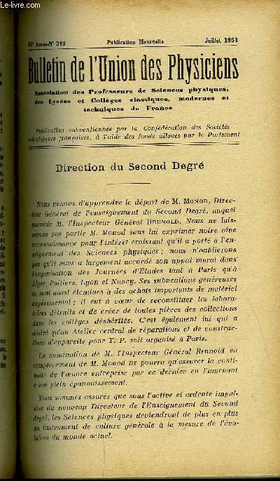 Bulletin de l'union des physiciens n 399 - Direction du Second Degr, Le principe d'Helmholtz et le thorme de Thvenin par Robert Guillien, Point final a une controverse sur l'tat fluide par G. Rumeau et J. Simon, Note sur les isothermes d'Andrews