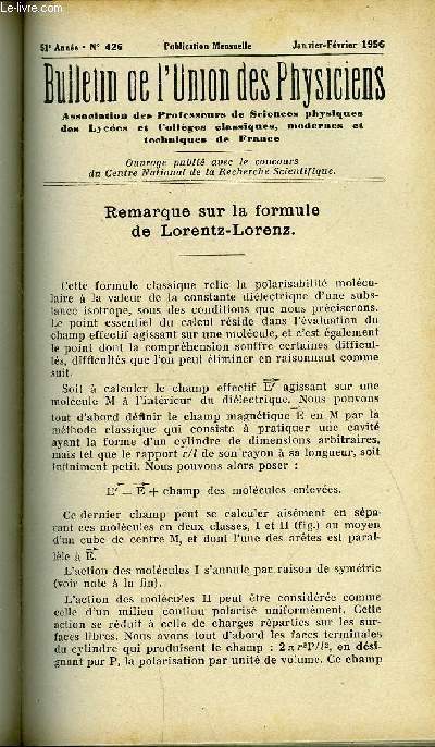 Bulletin de l'union des physiciens n 426 - Remarque sur la formule de Lorentz-Lorenz par J. Barriol, Sur la magntostriction statique longitudinale de barreaux ferromagntiques par Laudet, Le spin de l'lectron par Georges Guinier, La rgle des phases