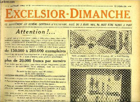 Excelsior-Dimanche n 53 - Fortune et disgrace du surintendant Fouquet par le Dr Cabans, La plaine des araignes par H.G. Wells, Bicot, prsident de club, la fte de Dorothe, La famille Mirliton, une sance d'quitation