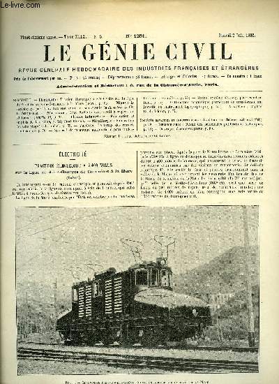 Le gnie civil tome XLIX n 5 - Electricit : traction lectrique a 2400 volts sur la ligne de Saint Germain de Commiers a la Myre, Mines : le remblayage par l'eau, son tat actuel et son avenir (suite et fin) par H. Schmerber, Mcanique : grue flottante