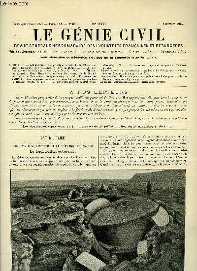 Le gnie civil tome LXV n 23 - Art militaire : les principes actuels de la dfense des places, La fortification cuirasse par A. Dumas, Lgislation : les brevets d'invention et la guerre par Ch. Dantin, Electromtallurgie : four lectrique, systme